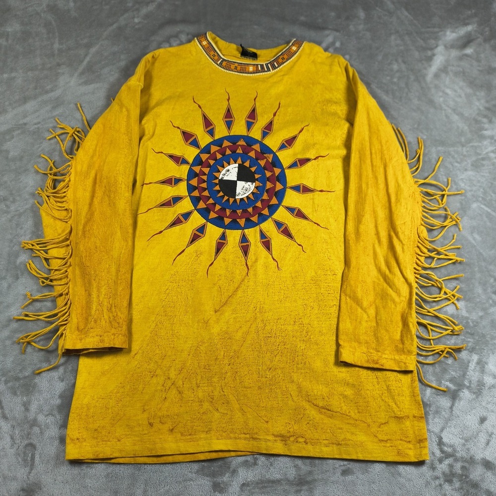 Vintage Factory Artwear Shirt Women Large Southwest Sun Fringe Boho Festival USA